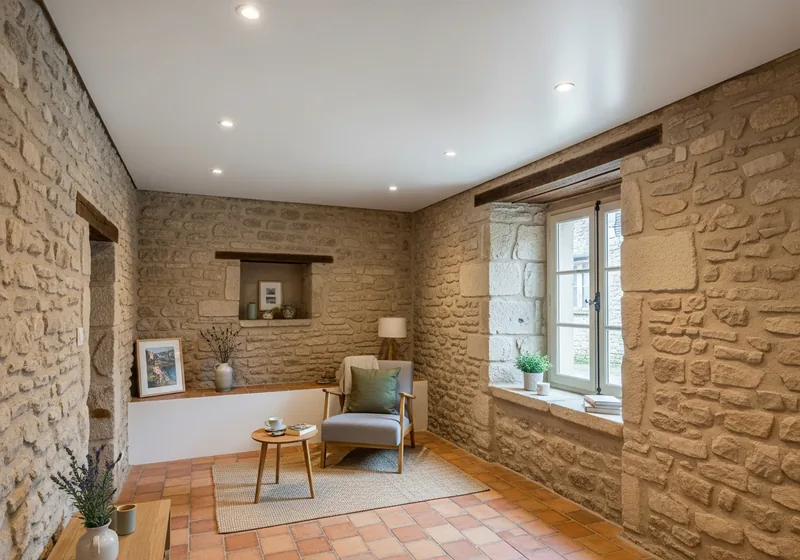 Plafond refait avec spots encastrés dans une maison en pierre du Vieux Lormont