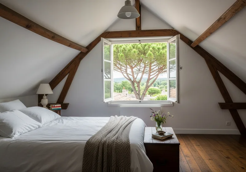 Chambre parentale aménagée sous les combles avec fenêtre de toit dans une maison du quartier Alouette à Pessac